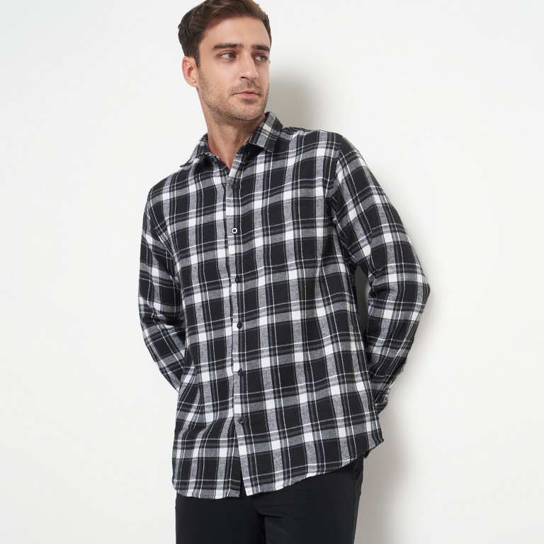 Gianni Visentin Kemeja Slim Fit Flannel Pria Kotak Kotak Hitam Putih 6068