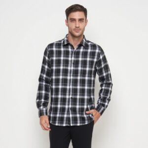 Gianni Visentin Kemeja Slim Fit Flannel Pria Kotak Kotak Hitam Putih 6068
