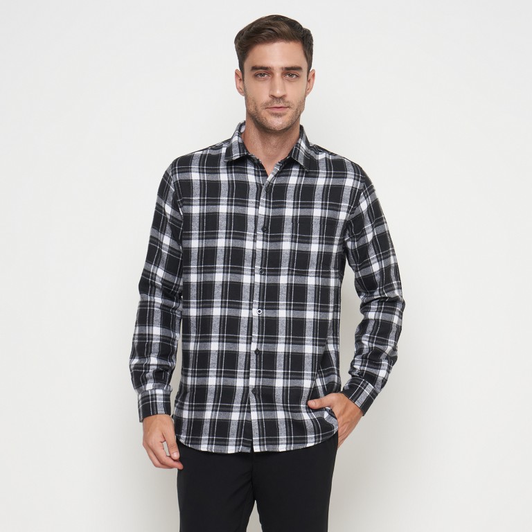 Gianni Visentin Kemeja Slim Fit Flannel Pria Kotak Kotak Hitam Putih 6068 - Image 2
