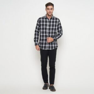Gianni Visentin Kemeja Slim Fit Flannel Pria Kotak Kotak Hitam Putih 6068
