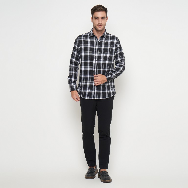 Gianni Visentin Kemeja Slim Fit Flannel Pria Kotak Kotak Hitam Putih 6068 - Image 5