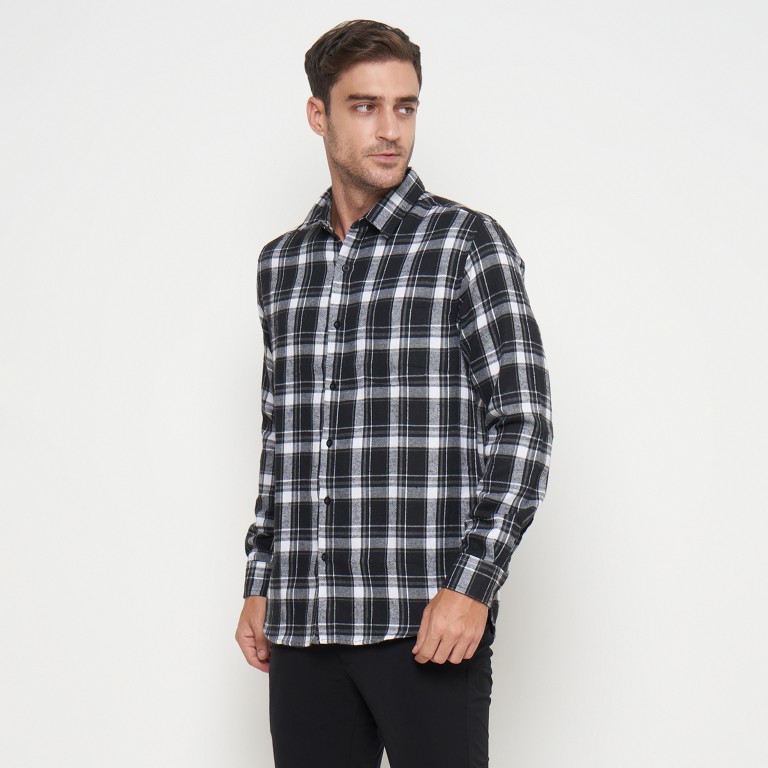 Gianni Visentin Kemeja Slim Fit Flannel Pria Kotak Kotak Hitam Putih 6068 - Image 3