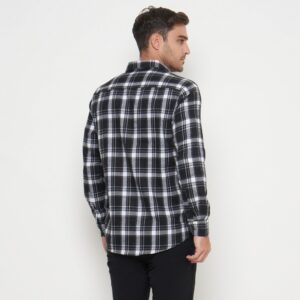 Gianni Visentin Kemeja Slim Fit Flannel Pria Kotak Kotak Hitam Putih 6068