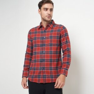 Gianni Visentin Kemeja Slim Fit Flannel Pria Kotak Kotak Merah 6036