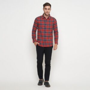 Gianni Visentin Kemeja Slim Fit Flannel Pria Kotak Kotak Merah 6036