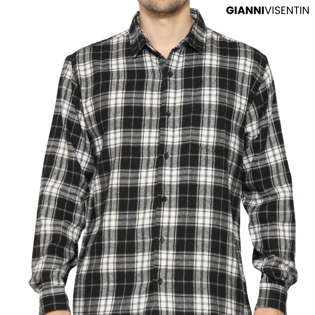 Gianni Visentin Kemeja Flanel Pria Kotak Kecil Slim Fit - Hitam Putih - 6069 - Image 2
