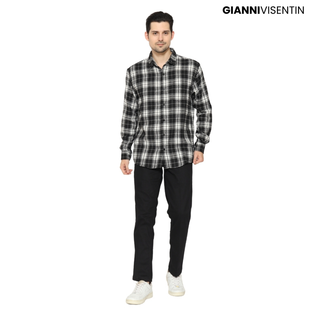 Gianni Visentin Kemeja Flanel Pria Kotak Kecil Slim Fit - Hitam Putih - 6069 - Image 4