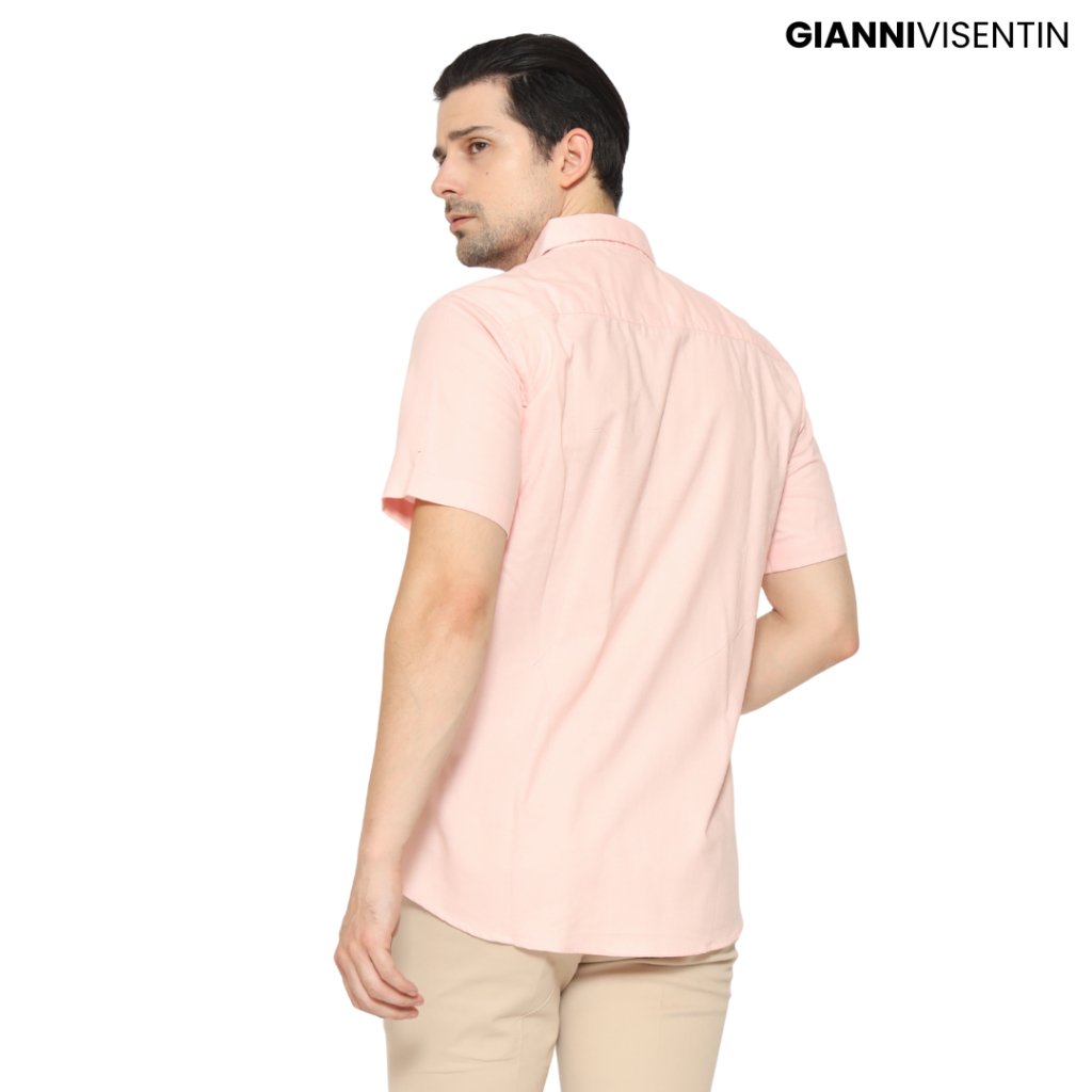 Gianni Visentin Kemeja Cvc Oxford Lengan Pendek Pria Slim Fit - Pink - 6040 - Image 3