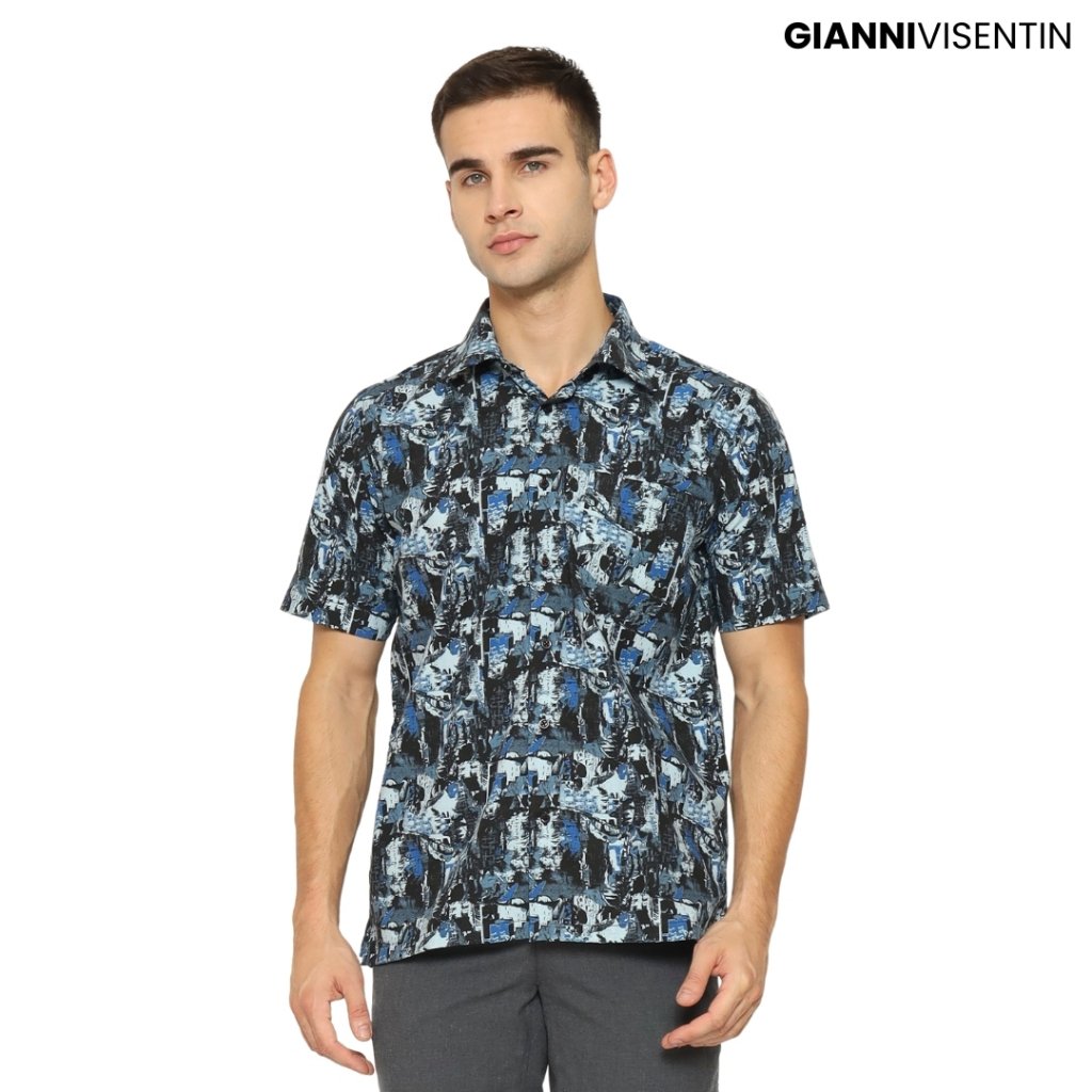 Gianni Visentin Kemeja Lengan Pendek Motif Abstract Reguler Fit - Hitam - 9060