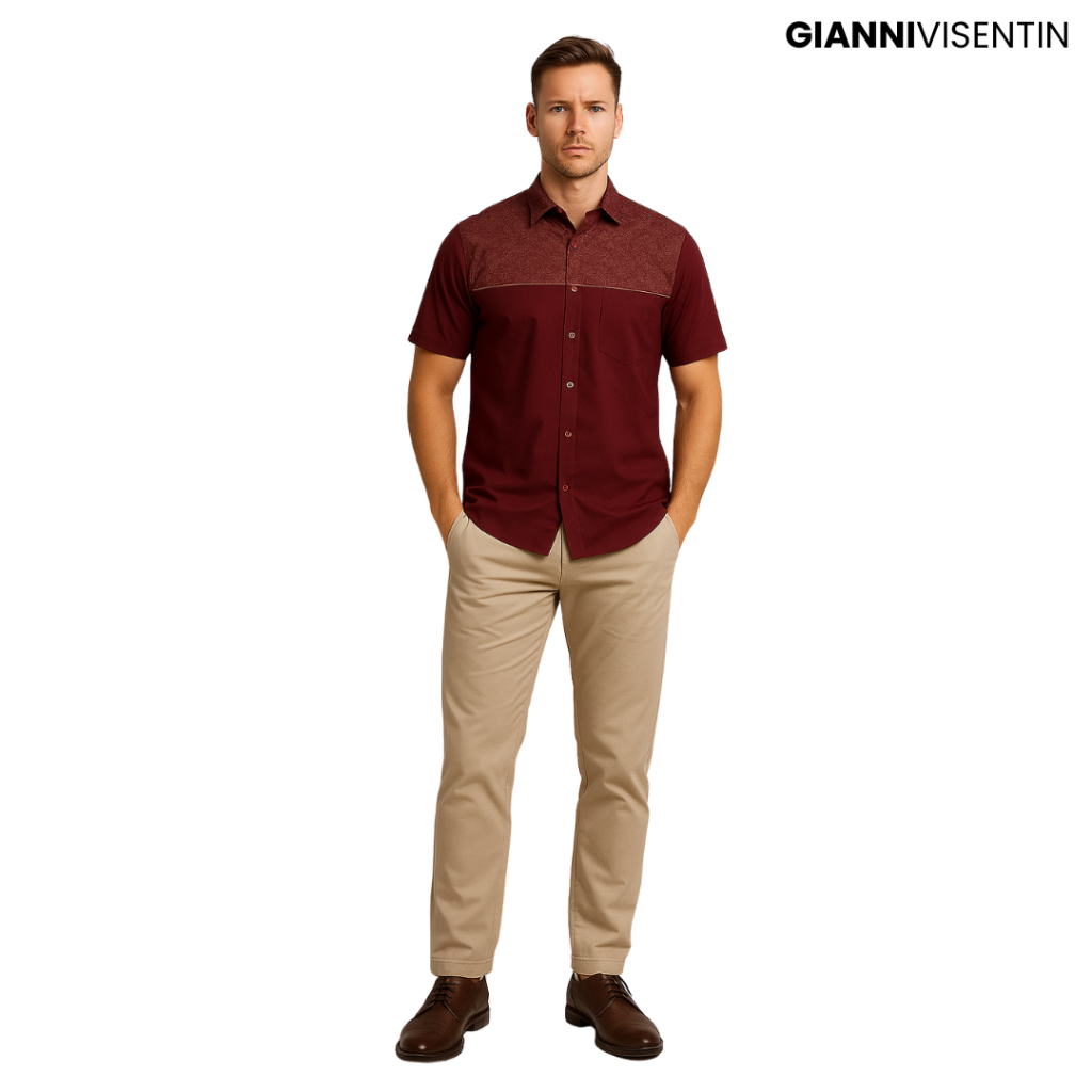 Gianni Visentin Kemeja Kotak Lengan Pendek Regular Fit - Maroon - 8957 - Image 3