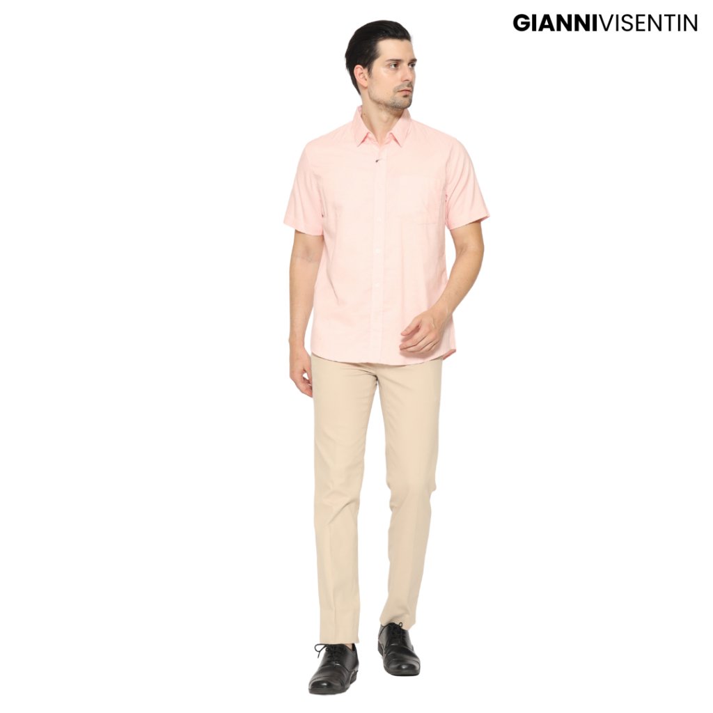 Gianni Visentin Kemeja Cvc Oxford Lengan Pendek Pria Slim Fit - Pink - 6040 - Image 4