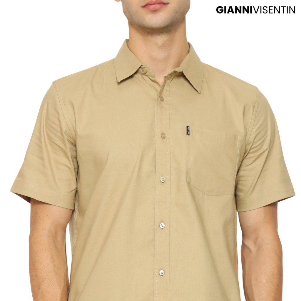 Gianni Visentin Kemeja Stretch Oxford Lengan Pendek Reguler Fit - Coklat Muda - 6085 - Image 2