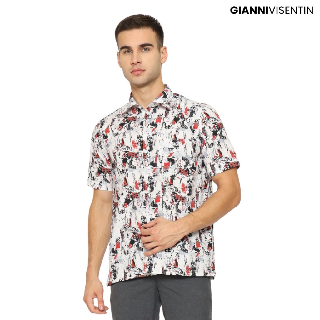 Gianni Visentin Kemeja Lengan Pendek Motif Abstract Reguler Fit - Putih - 9060