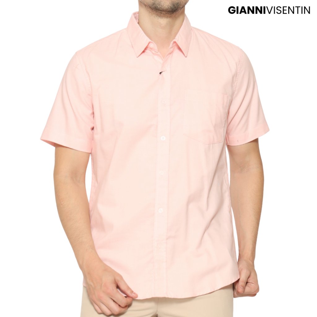 Gianni Visentin Kemeja Cvc Oxford Lengan Pendek Pria Slim Fit - Pink - 6040 - Image 2