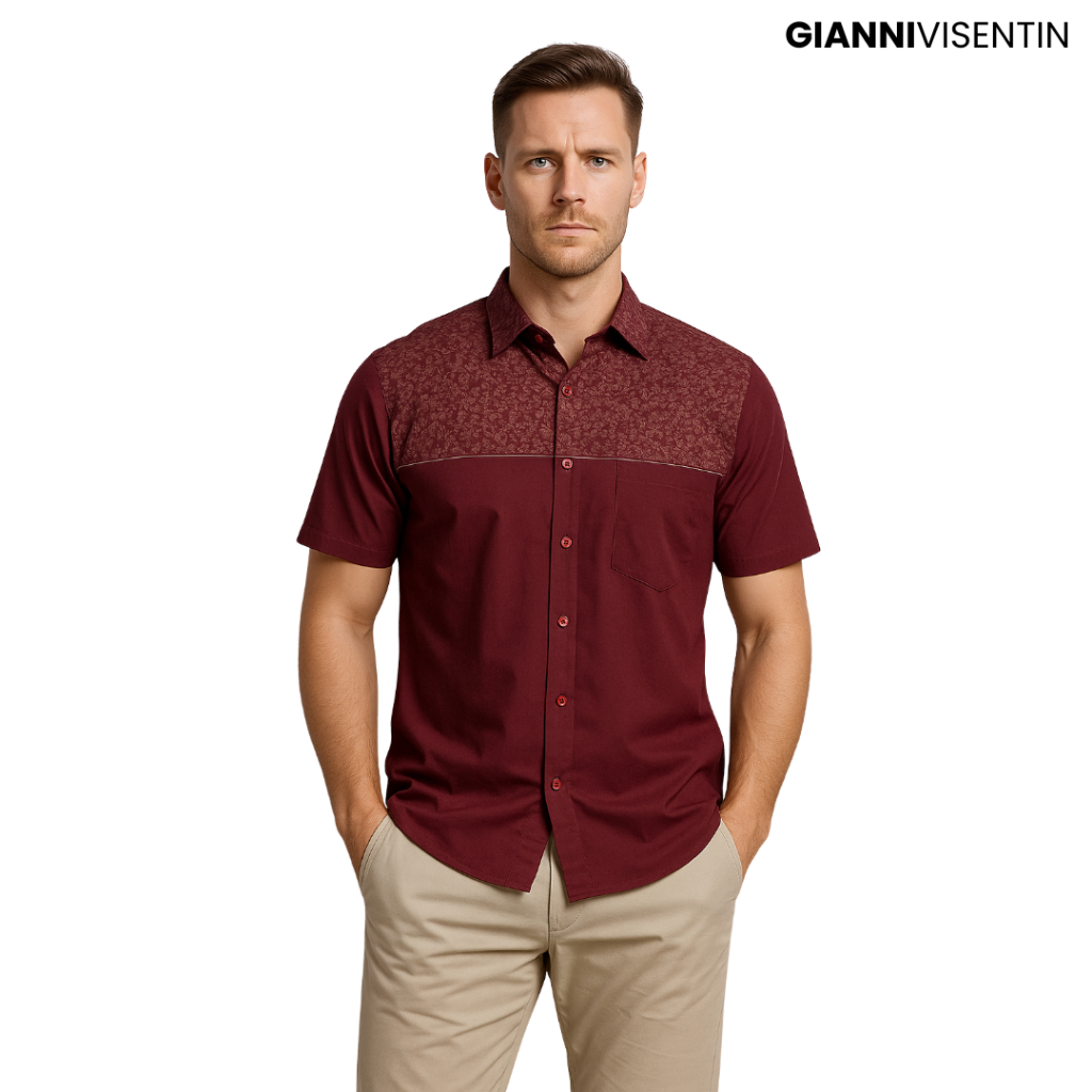 Gianni Visentin Kemeja Kotak Lengan Pendek Regular Fit - Maroon - 8957