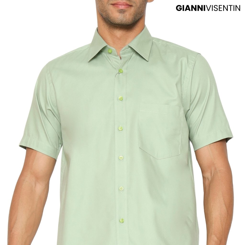 Gianni Visentin Kemeja Oxford Lengan Pendek Pria Regular Fit - Hijau Daun - 9066 - Image 2