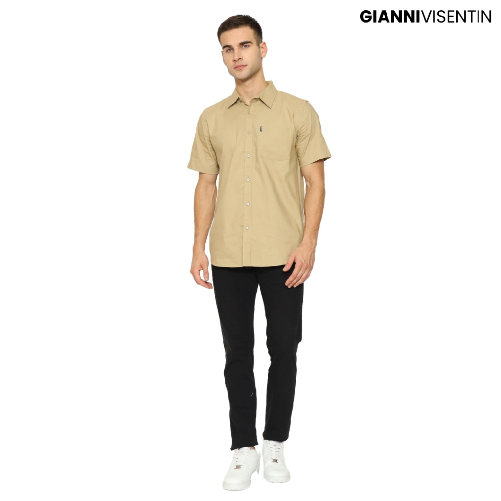 Gianni Visentin Kemeja Stretch Oxford Lengan Pendek Reguler Fit - Coklat Muda - 6085 - Image 4