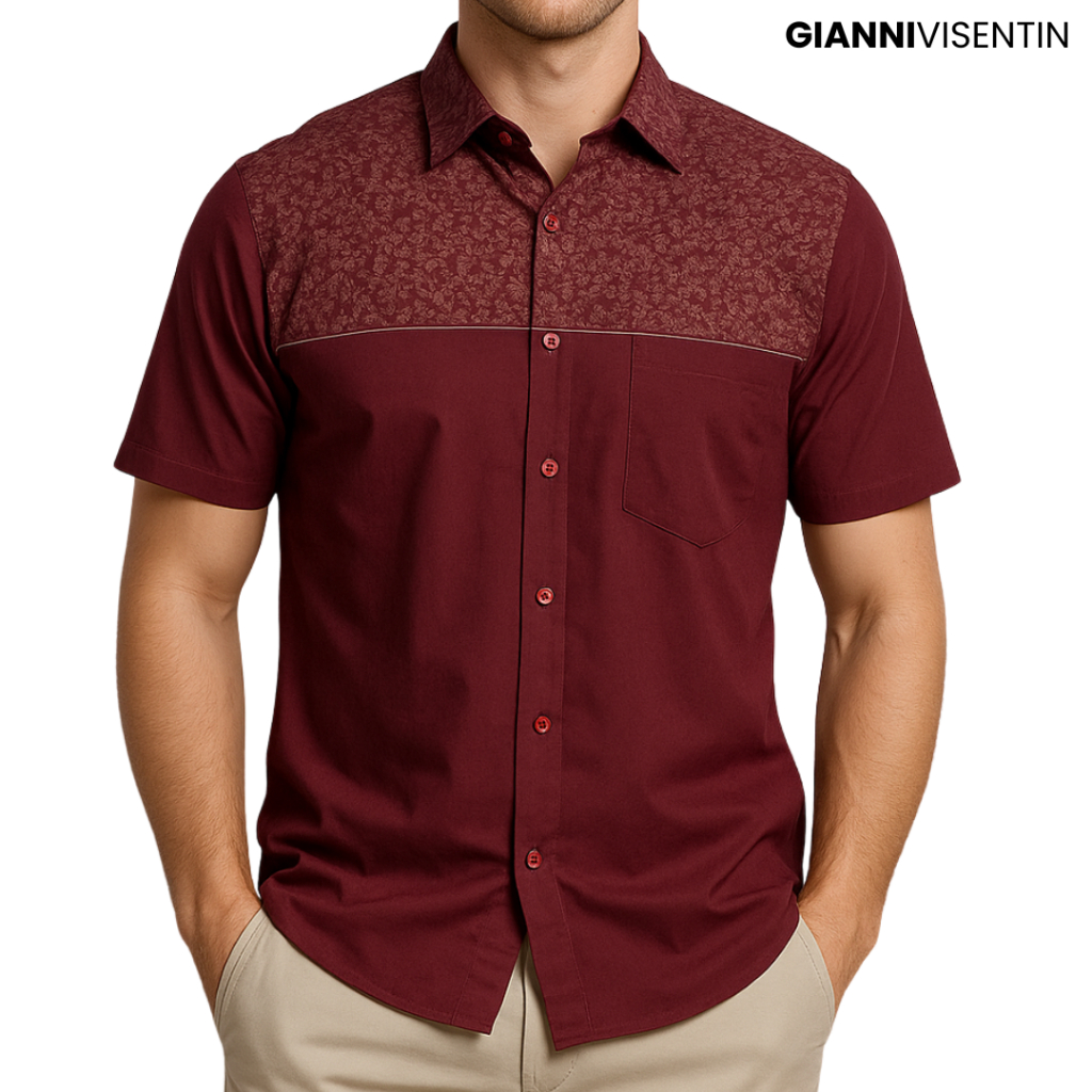 Gianni Visentin Kemeja Kotak Lengan Pendek Regular Fit - Maroon - 8957 - Image 2