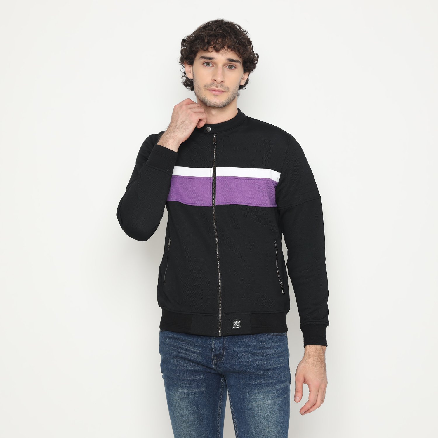 d&f Jaket CVC Biker Hitam Cut & Sewn Putih Purple