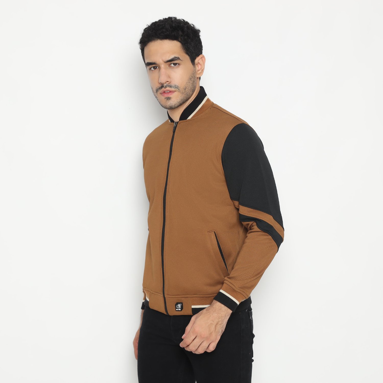 d&f CVC Jaket Bomber pria - Coklat list hitam - Image 2
