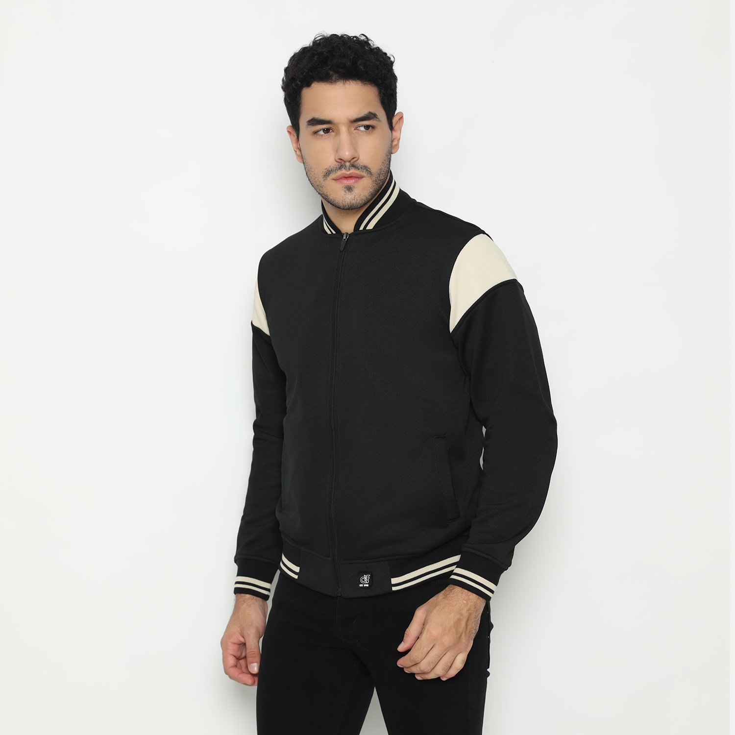 d&f CVC Jaket Bomber Pria – Hitam List Cream - Image 2