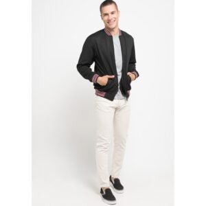 d&f Jaket pria Bomber red white in collar - Hitam