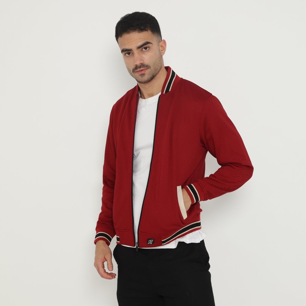 d&f Jaket Bomber Pria – Maroon List Hitam - Image 2