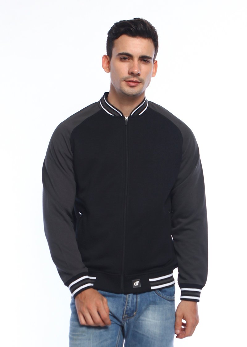 d&f Jaket pria Bomber with abu strip - Hitam
