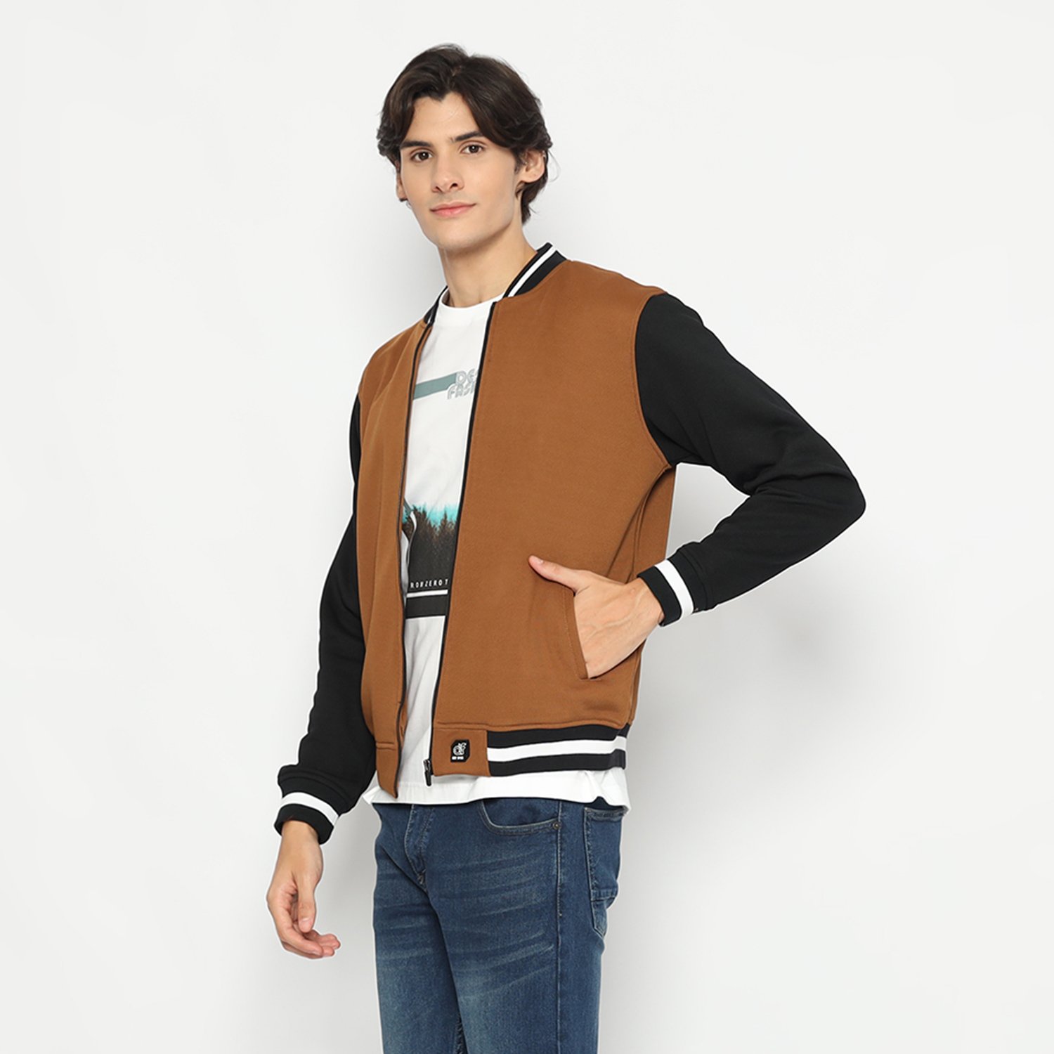 d&f jaket pria unisex bomber - coklat hitam - Image 5