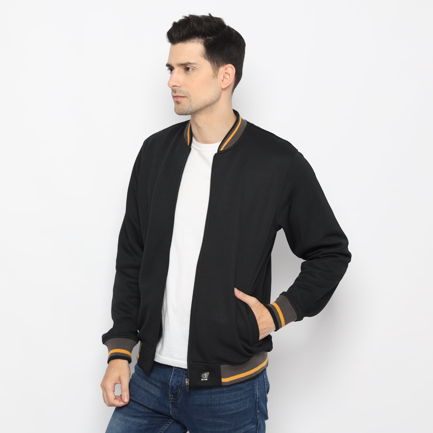 d&f Jaket Pria Bomber with Mustard Strip - Hitam