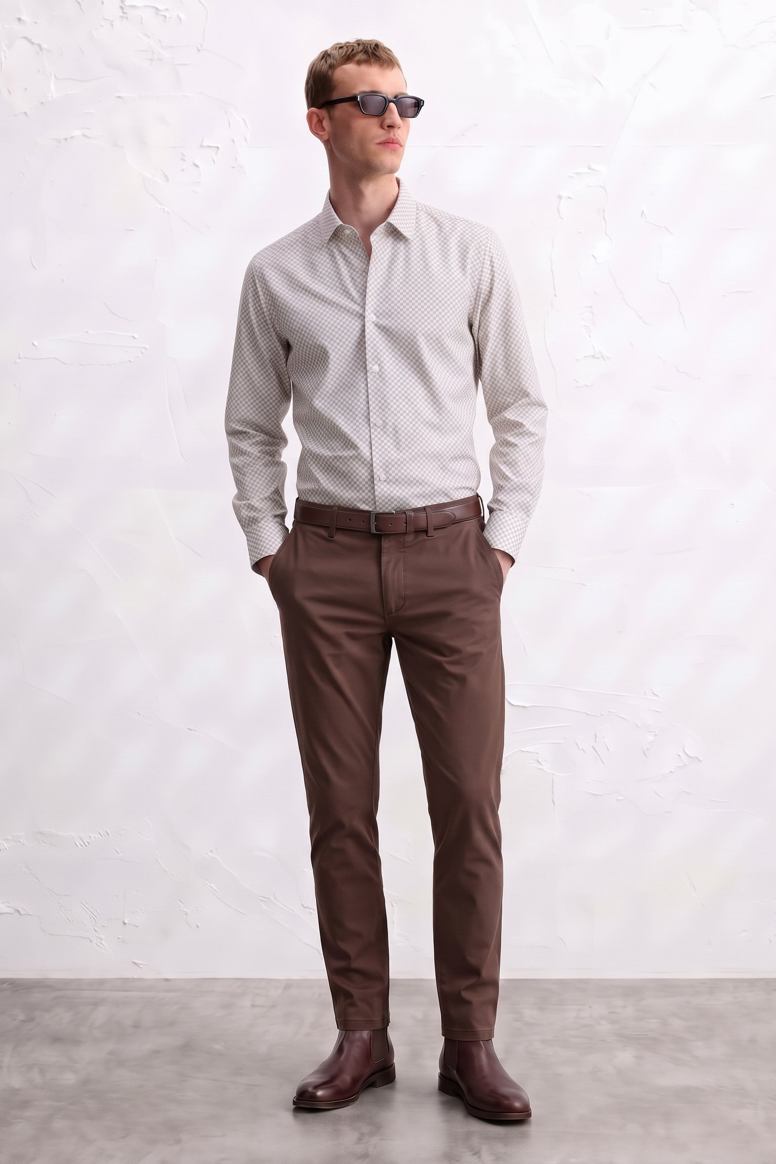 Gianni Visentin Kemeja Pria Smart Formal Modern Slim Kotak Kotak Coklat - 1203