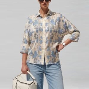 Personal Style Paper Cut Blue Flowers Boggy Shirt Kemeja Satin Wanita
