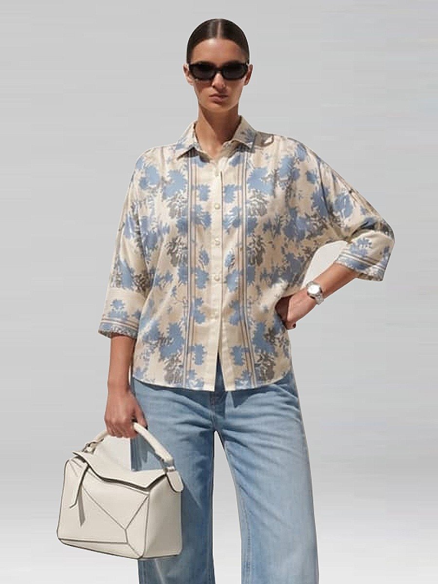 Personal Style Paper Cut Blue Flowers Boggy Shirt Kemeja Satin Wanita