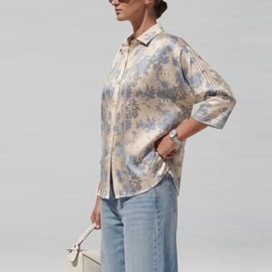 Personal Style Paper Cut Blue Flowers Boggy Shirt Kemeja Satin Wanita