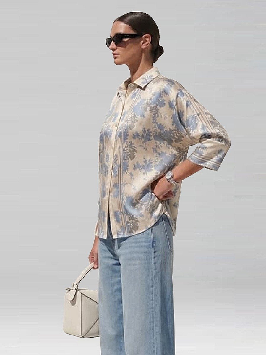 Personal Style Paper Cut Blue Flowers Boggy Shirt Kemeja Satin Wanita - Image 2