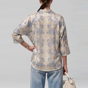 Personal Style Paper Cut Blue Flowers Boggy Shirt Kemeja Satin Wanita