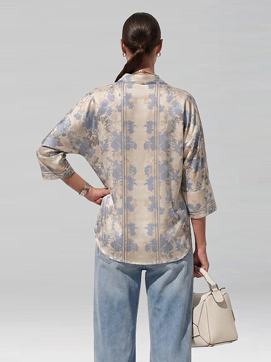 Personal Style Paper Cut Blue Flowers Boggy Shirt Kemeja Satin Wanita - Image 3