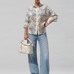 Personal Style Paper Cut Blue Flowers Boggy Shirt Kemeja Satin Wanita