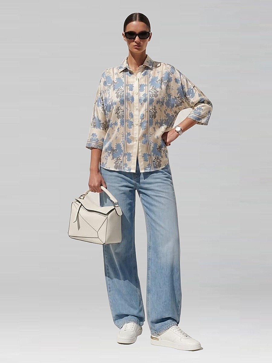 Personal Style Paper Cut Blue Flowers Boggy Shirt Kemeja Satin Wanita - Image 4