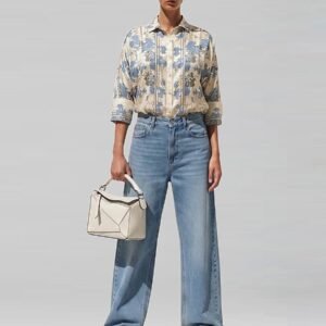 Personal Style Paper Cut Blue Flowers Boggy Shirt Kemeja Satin Wanita