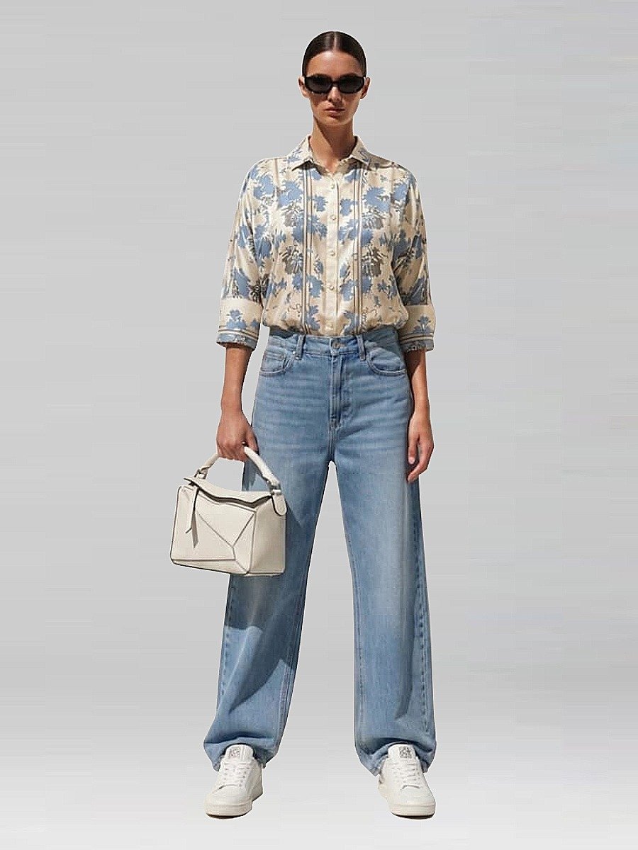 Personal Style Paper Cut Blue Flowers Boggy Shirt Kemeja Satin Wanita - Image 5